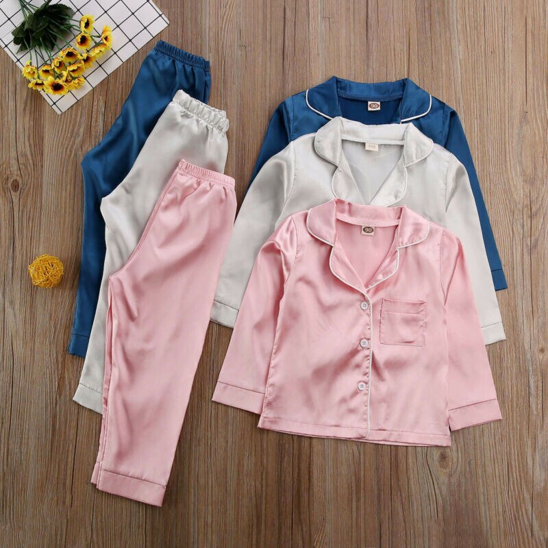 2PCS Spring Autumn Toddler Baby Kids Girls Satin Pajamas Set Casual Solid Long Sleeve Button-Down Sleepwear 1-7T