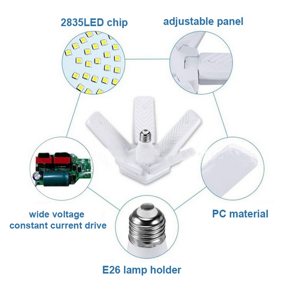Super Bright Industrial Lighting E26 60W Led Light Bulb Garage 5-leaf Folding Deformable Lamp Fan for Warehouse Workshop Room