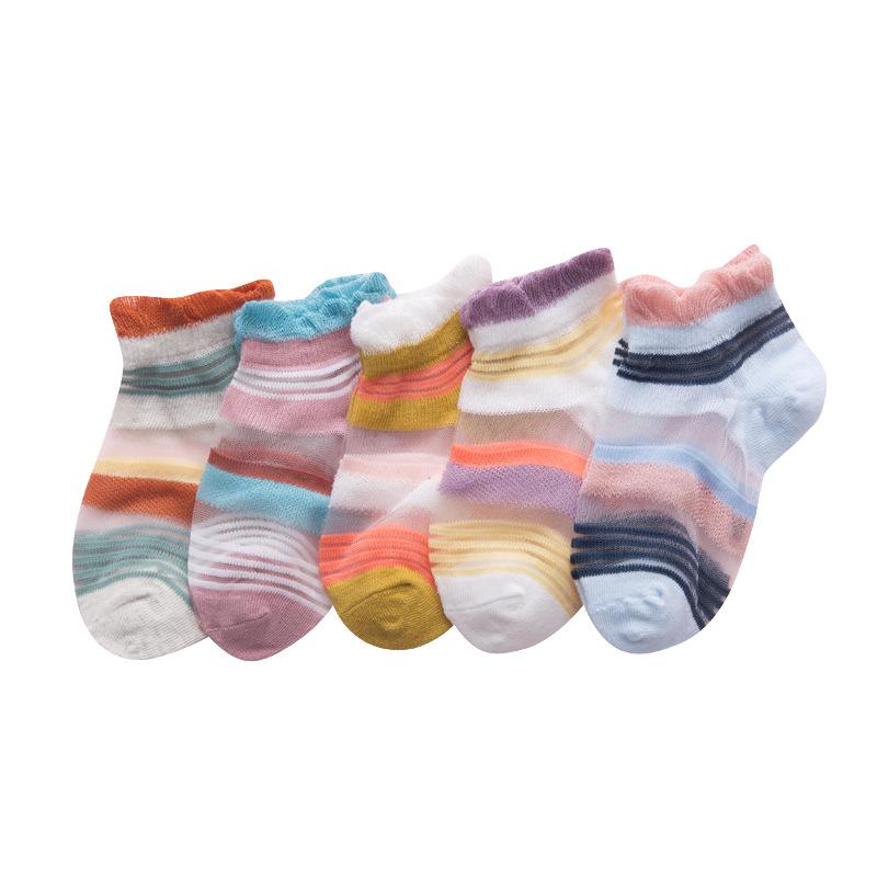 5 paires de chaussettes d'été pour bébé fille, chaussettes courtes en maille, couleur bonbon, à rayures, à pois, fines, confortables et respirantes