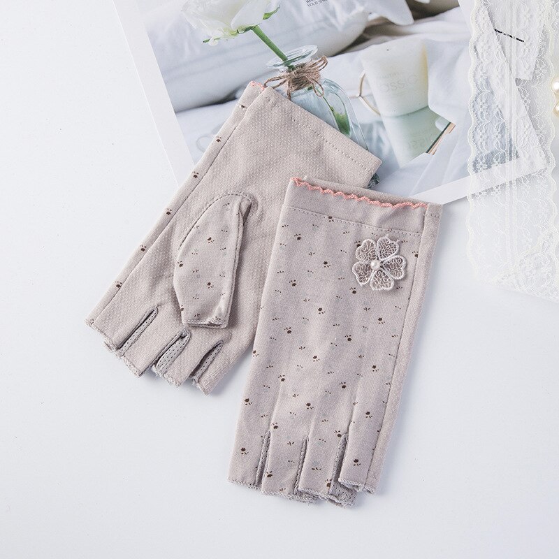Gants de protection solaire pour femmes, en coton, UV, perle, Sport, cyclisme, conduite, écran tactile, demi-doigt, moufle, fleur, point, O22