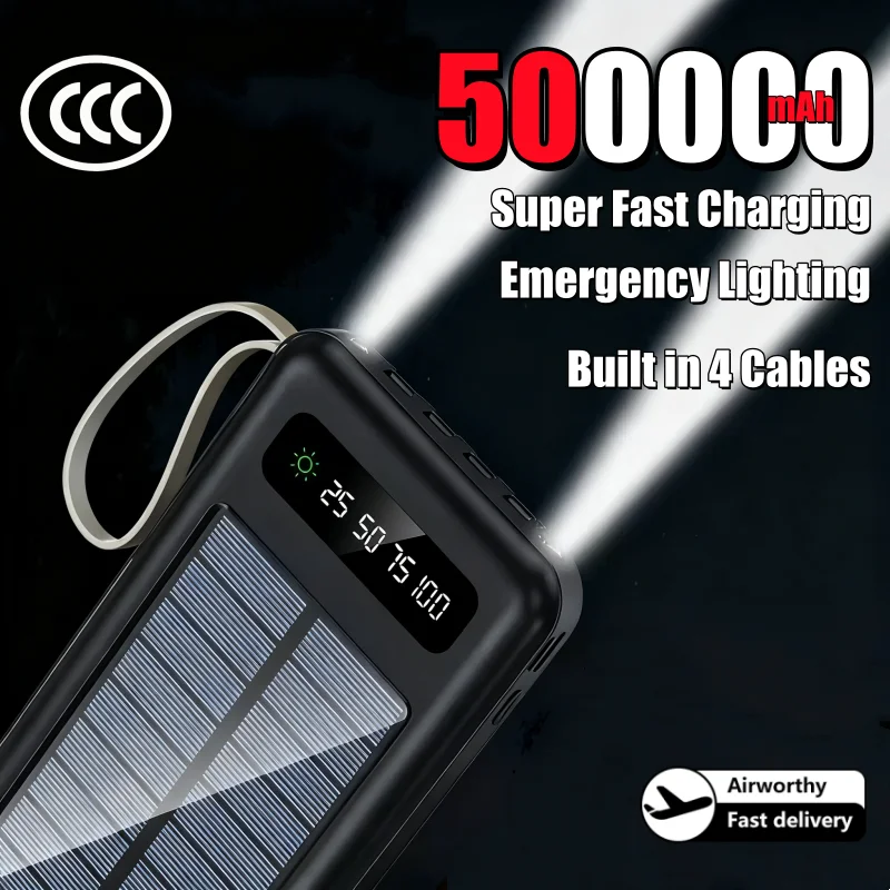 500000 mAh zonne-energiebank Snel opladen Powerbank Draagbare mobiele krachtzaklamp met hoge capaciteit Ingebouwde batterij met 4 kabels