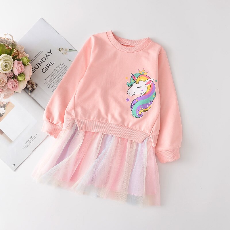 Menoea Meisje Lente Cartoon Jurk 2022 Herfst Stijl Leuke Vestido Volledige Mouw Eenhoorn Patchwork Kids Mesh Jurken Prinses Kleding