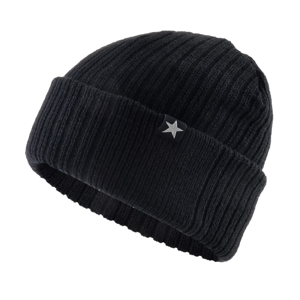 Gorros de lana tejida para hombre, gorro de lana de Color sólido, cálido, doble capa, gruesa, para esquí al aire libre: Black