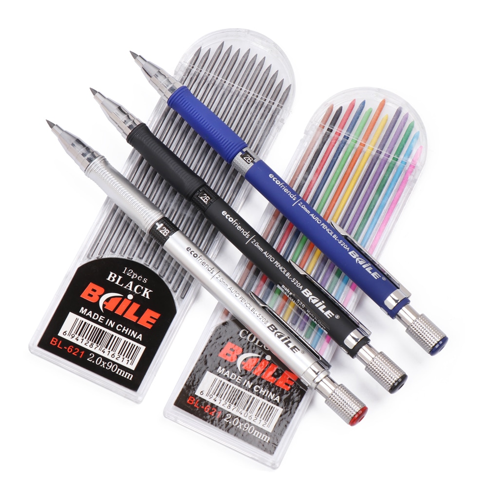 Mekanisk blyant 2.0mm 2b glat tegning skriveaktivitet blyant med 12- farve refill papirvarer kontor skoleartikler