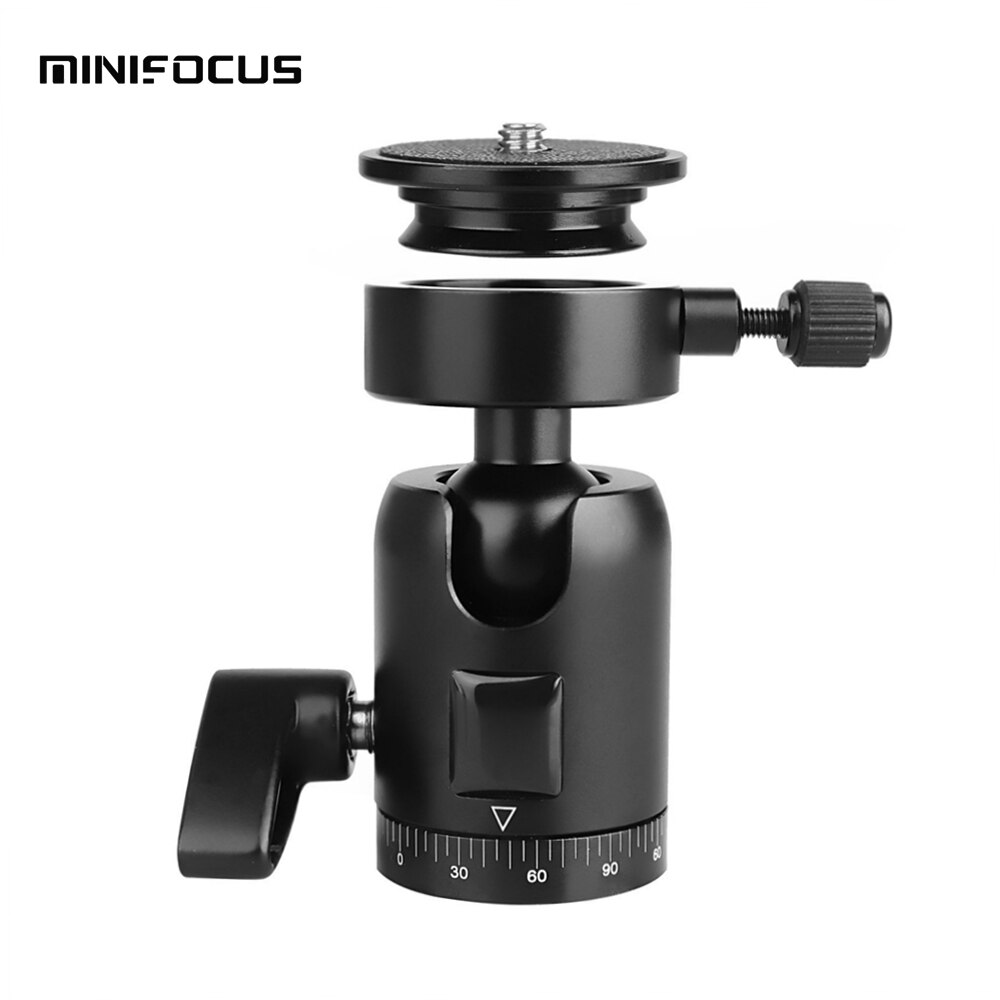 Minifocus-tripé rotativo resistente de 360 graus, cabeça esférica de alumínio com rotação 1/4 ", placa de liberação rápida para monopádios