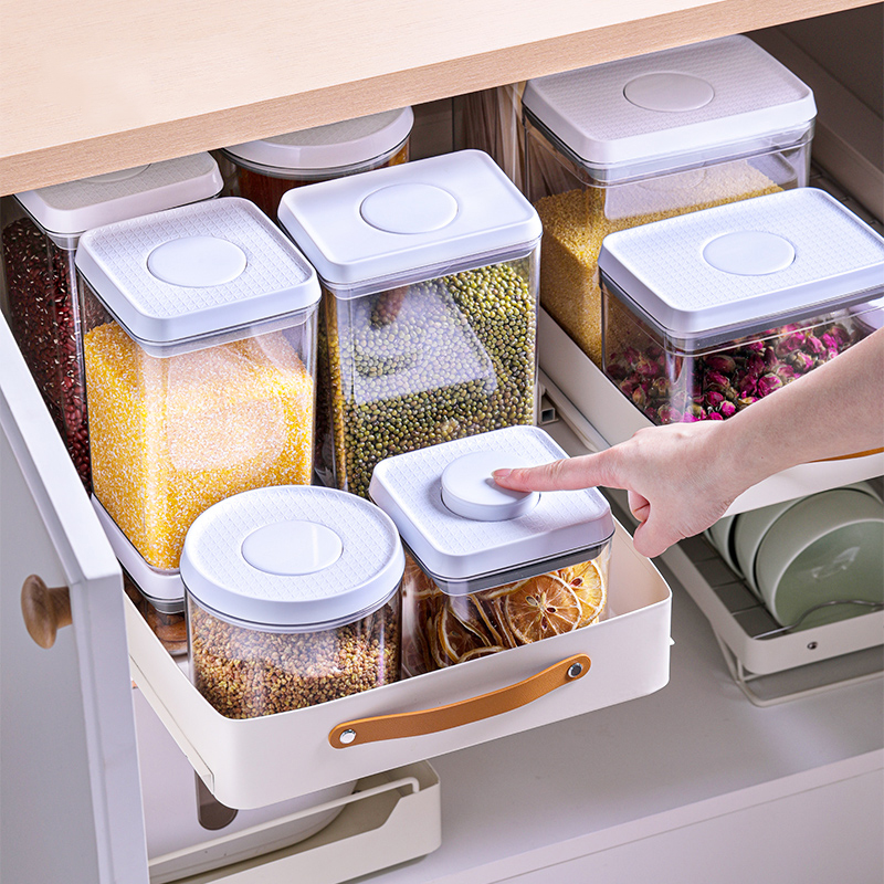 Press Open Clear Plastic Food Storage Box with Pop Up Lid Moisture-Proof Grains Container Cereals Jar Kitchen Pantry Organizer