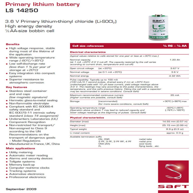 4 teile/los Neue Original SAFT LS 14250 LS14250 1/2 AA 1/2AA 3,6 v 1250 mah PLC Lithium-Batterie mit Pins