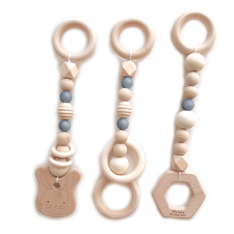 3 Pcs Nordic Stijl Cartoon Massief Houten Fitness Rack Hanger Kinderen Kamer Decoratie Baby Zuigelingen Ring-Pull Speelgoed Opknoping ornamenten: Grijs