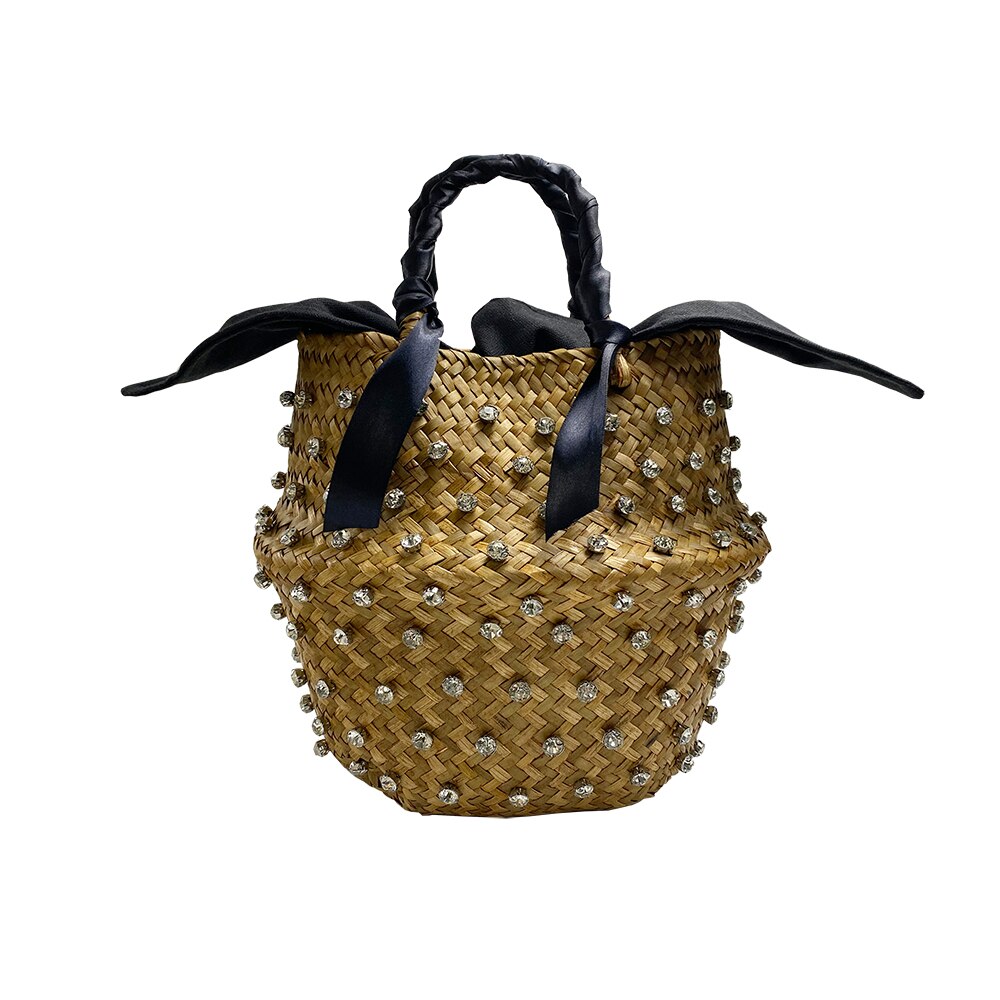 Bolso playero para vacaciones de verano para mujer, cosido a mano, con perlas, tejido de paja, bolsas con diamantes,: black / M