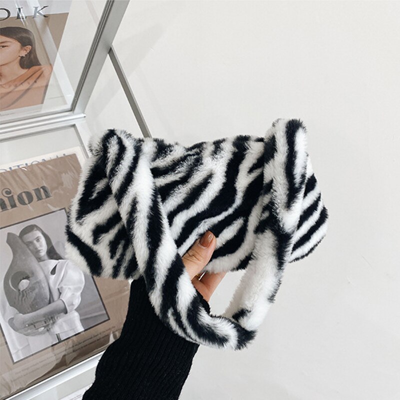 Winter Vintage Zebra Patroon Schouder Onderarm Zak Vrouwelijke Pluche Herfst Handtas Zachte Warme Bont Tote Purse Voor Lady Clutch Bag sac