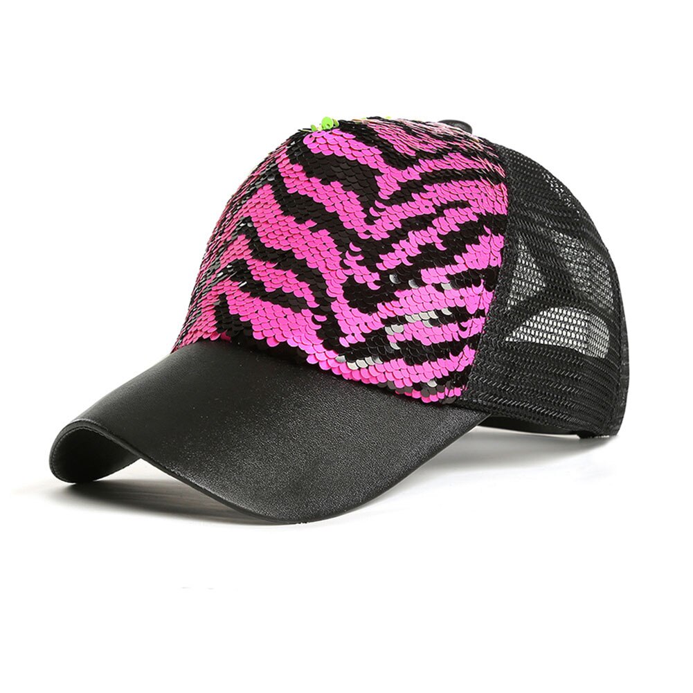 Mannen Vrouwen Baseball Hoed Dubbele Kleur Zebra-Streep Mermaid Pailletten Mesh Casual Cap Beste -Wt: Roze