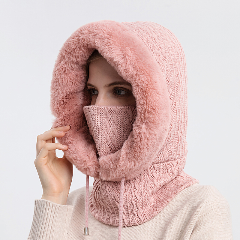 Winter-Pelzmütze, Masken-Set mit Kapuze für Damen, gestrickt, Kaschmir, Hals, warm, Sturmhaube, Ski, winddicht, Mütze, dicker Plüsch, flauschige Mützen, Kapuze: Olivenöl Braun