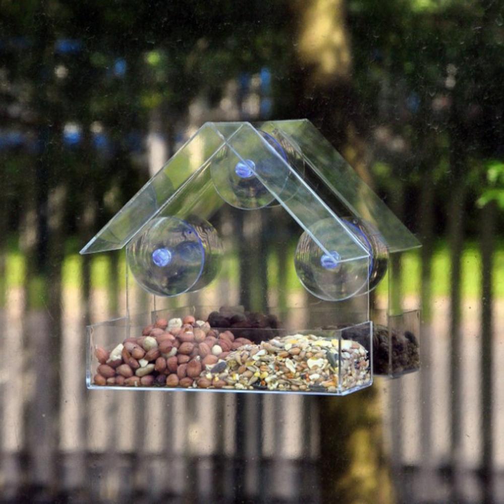 Bird Cages Transparent Acrylic Window Bird Feeder Strong Suction Cup Hanging Cage White Plastic Large Capacity Bird Food Storage