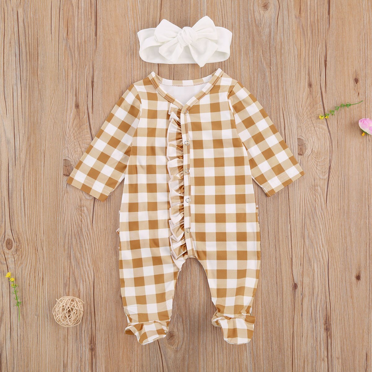 Infant Kids Baby Girls Boys Plaid Footies Long Sleeve Ruffled Jumpsuits Spring Autumn Clothing With Headband 2Pcs 0-12M