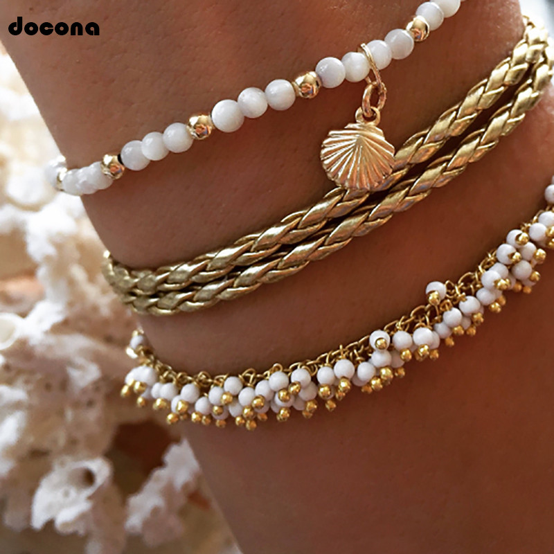 Docona Bohemen Goud Shell Wit Kralen Multilayer Enkelband Voor Vrouwen Kwastje Gebreide Enkelbandje Armband Voet Party Sieraden 8408: 8408