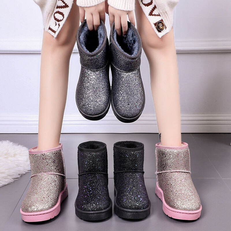 Femmes paillettes neige bottes courte en peluche femme doux dames bottine hiver fourrure Bling plate-forme femme chaussures décontractées
