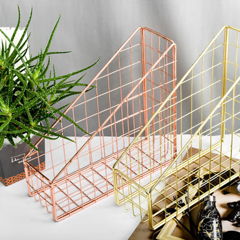 Nordic Magazine Newspaper Organizer Metal Stackable Storage Basket Frame Rack Office Desktop Rose Gold A4 Paper Finishing Basket