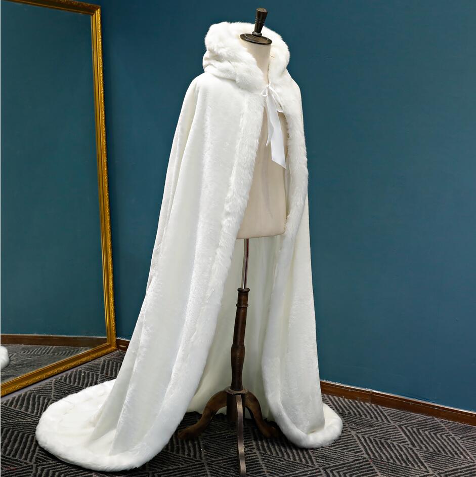 Cape de mariée en fausse fourrure blanche chaude, magnifique Cape de mariage à capuche, longue veste enveloppante de fête, châle blanc/ivoire