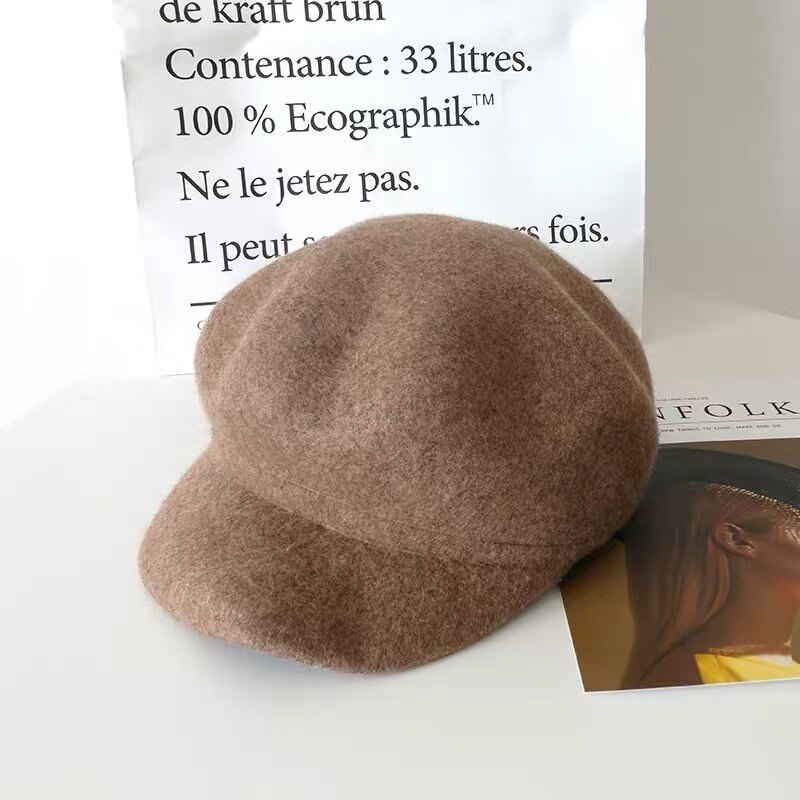 Tomkhu 100%  ullfilt vinter hestelue fast varmere kvinner beanies lokk klassisk fransk stil beret femme beanies damer lokk: Kamel