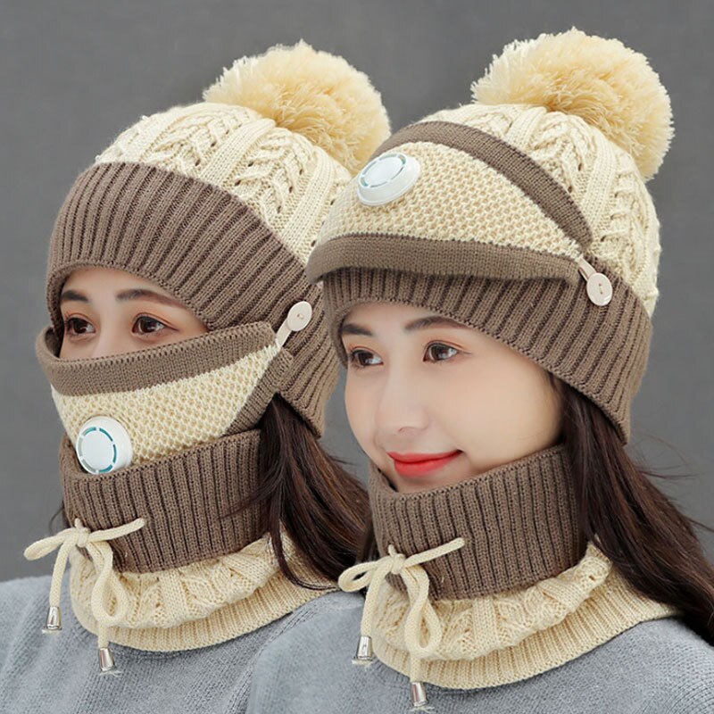 Outdoor Cycling knitted Hats Autumn Winter Knitted Hat Kit With Breathing Mask Thickened Warm Cap 3 in 1 Woman Hat Set: beige