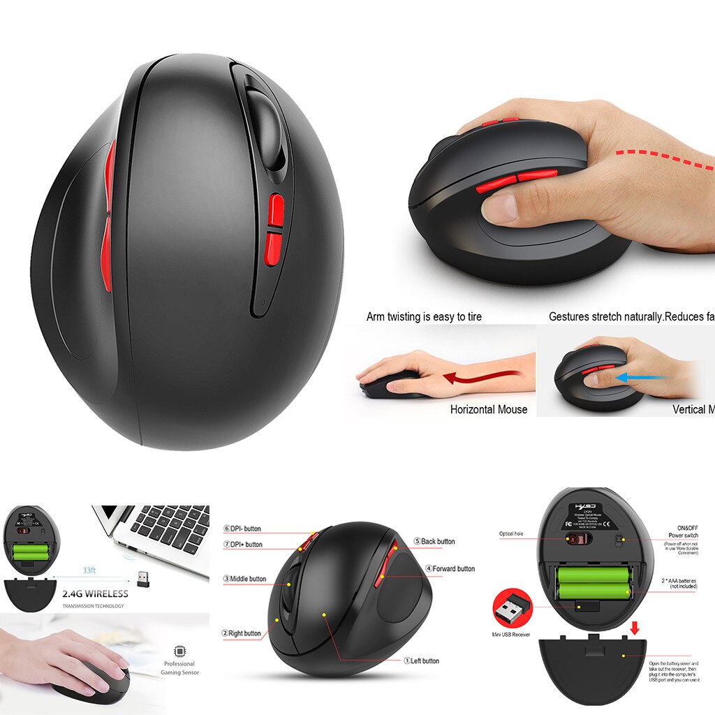 2.4G wireless USB receiver rechargeable 7-button adjustable DPI2400 mouse with vertical ergonomic USB plug and play: Default Title