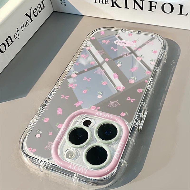Funda de teléfono con espejo y lazo de flor rosa Simple para iPhone 16 15 14 13 12 11 Pro Max XR XS MAX 7 8 PLUS MINI Y2K, funda a prueba de golpes