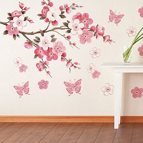 Pink Cherry Blossom Flower Wall Stickers Decals Romantic Flower Mural Vinyl Wallpaper Home Living Room Bedroom Decor