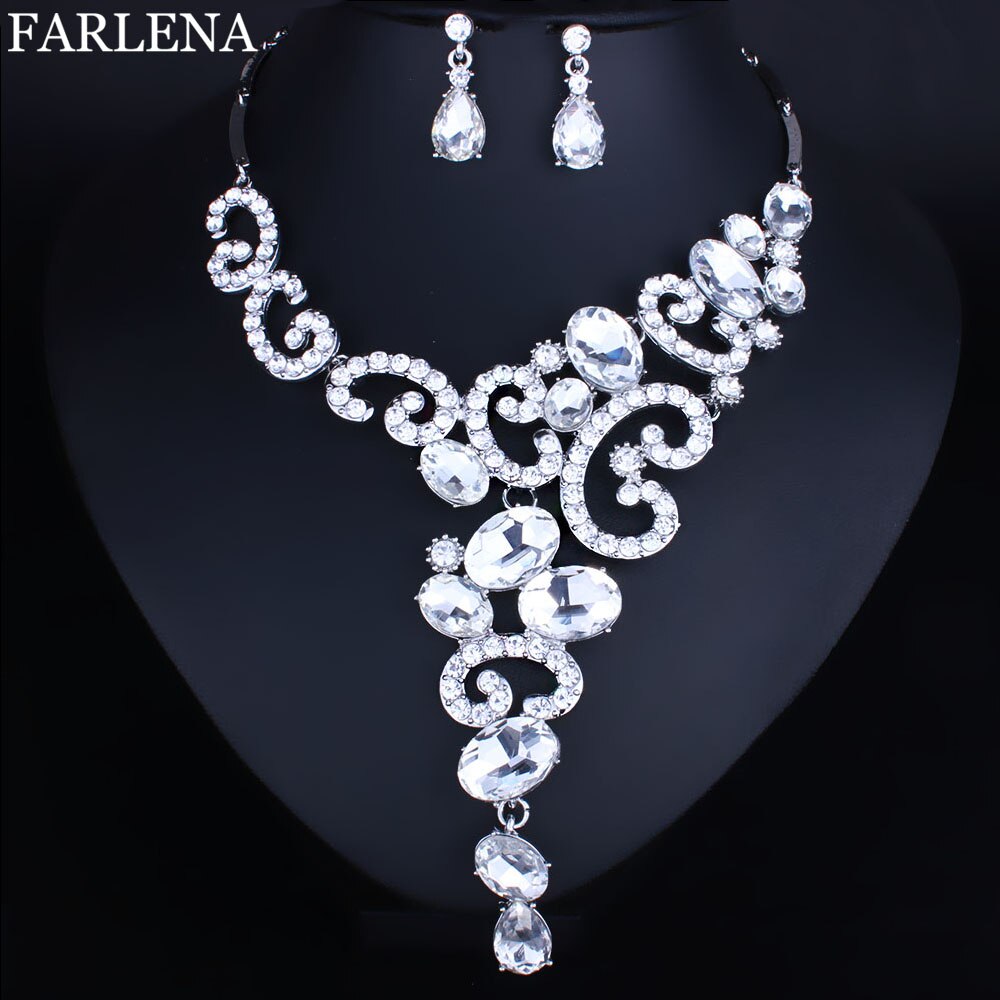 Jewelry Silver plated Crystal Rhinestones Necklace and Earrings set Women Bridal Wedding Jewelry sets