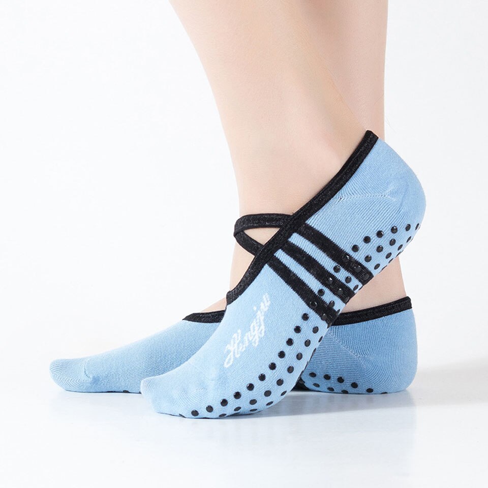 Gobygo 1 par sports yoga sokker tøfler til kvinder anti slip dame dæmpning bandage pilates sok ballet hæl dansebeskytter: Blå