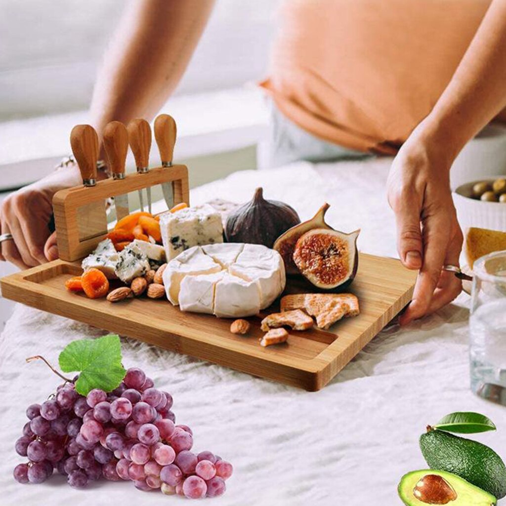 Bamboo Cheese Board Charcuterie Platter Serving Meat Board for Wine Crackers Charcuterie Snack Food Appetizers Fruit