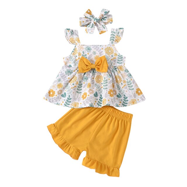 Tenues d'été pour bébés filles, manches volantées imprimées de fleurs, hauts à nœud papillon + Shorts à volants de couleur unie + vêtements à bandeau