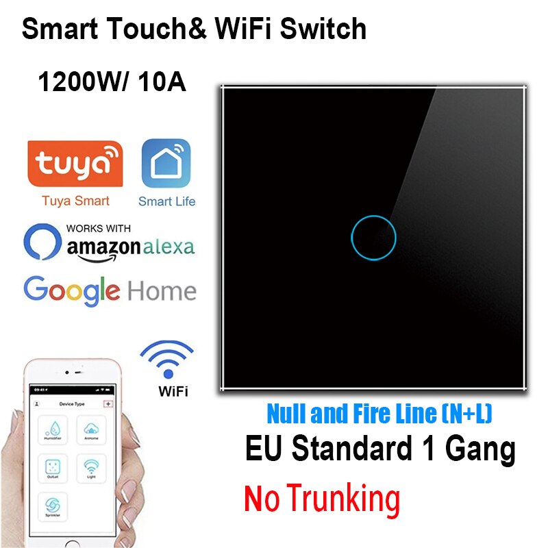 Tuya Touch Light Switch 1/2 Gang Intermediate Stair Switch EU Power Sensor Switches Black White With Glass Panel smart home: Black 1 Gang