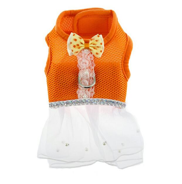 Conjunto de arnés y correa de malla para perro, en 5 colores, con pajarita, para perros pequeños y gatos, collar de arnés, falda de tutú de encaje para mascotas, chaleco, arnés, ropa, suministros: Naranja / Metro