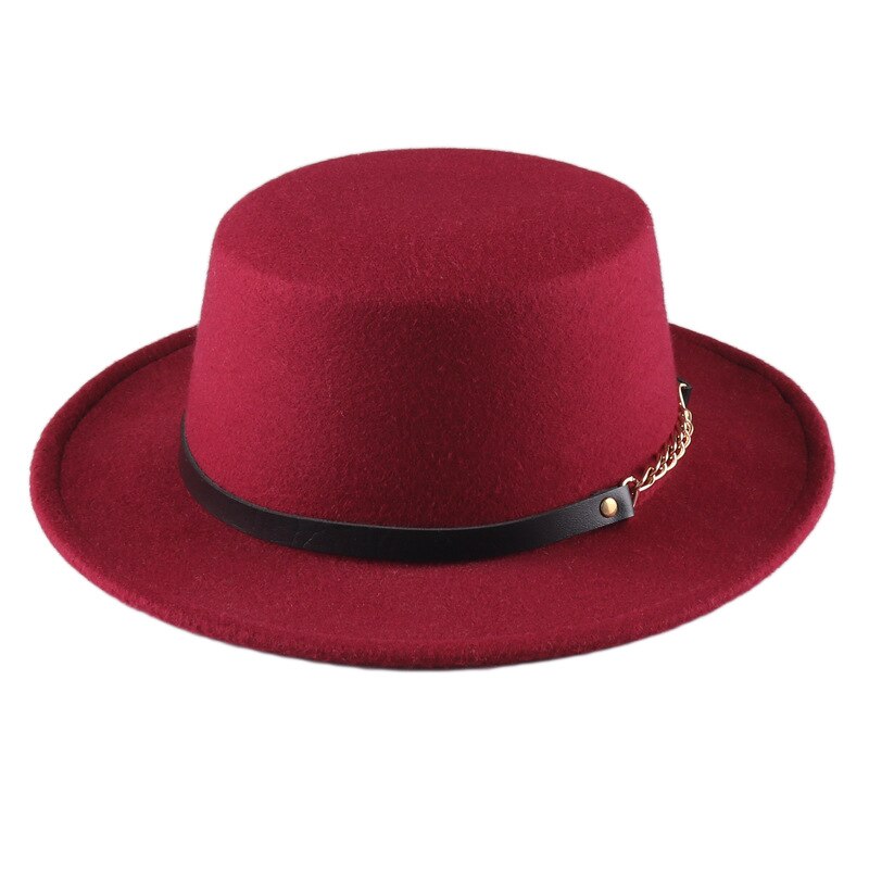 mitation Woolen Round Top Hat For Women's Wide Brim Fedora Hat Gambler Hat: WineRed