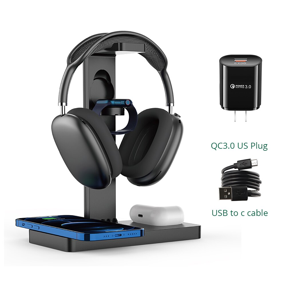 4 in 1 Wireless Charger Stand For Airpods Max iPhone 13 Pro Apple Watch QI Fast Wireless Charging Station For Airpods 2 3: Black US  Adapter