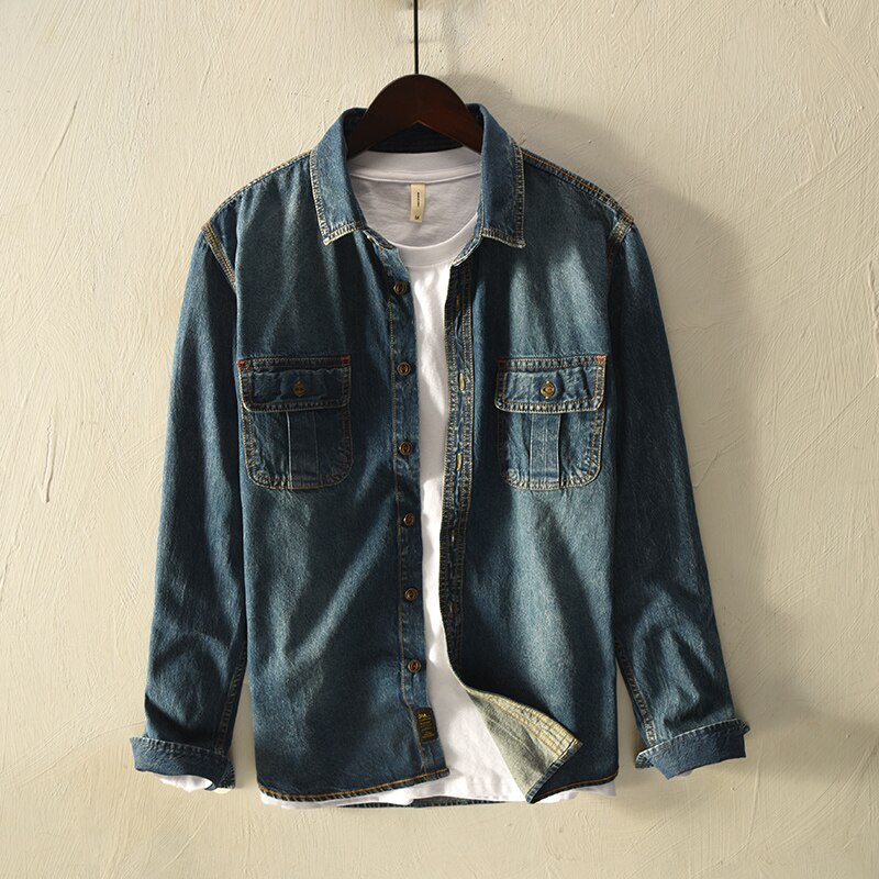 brand long-sleeved denim shirt men spring and autumn shirt mens cotton turn-down collar denim blue shirts male chemise