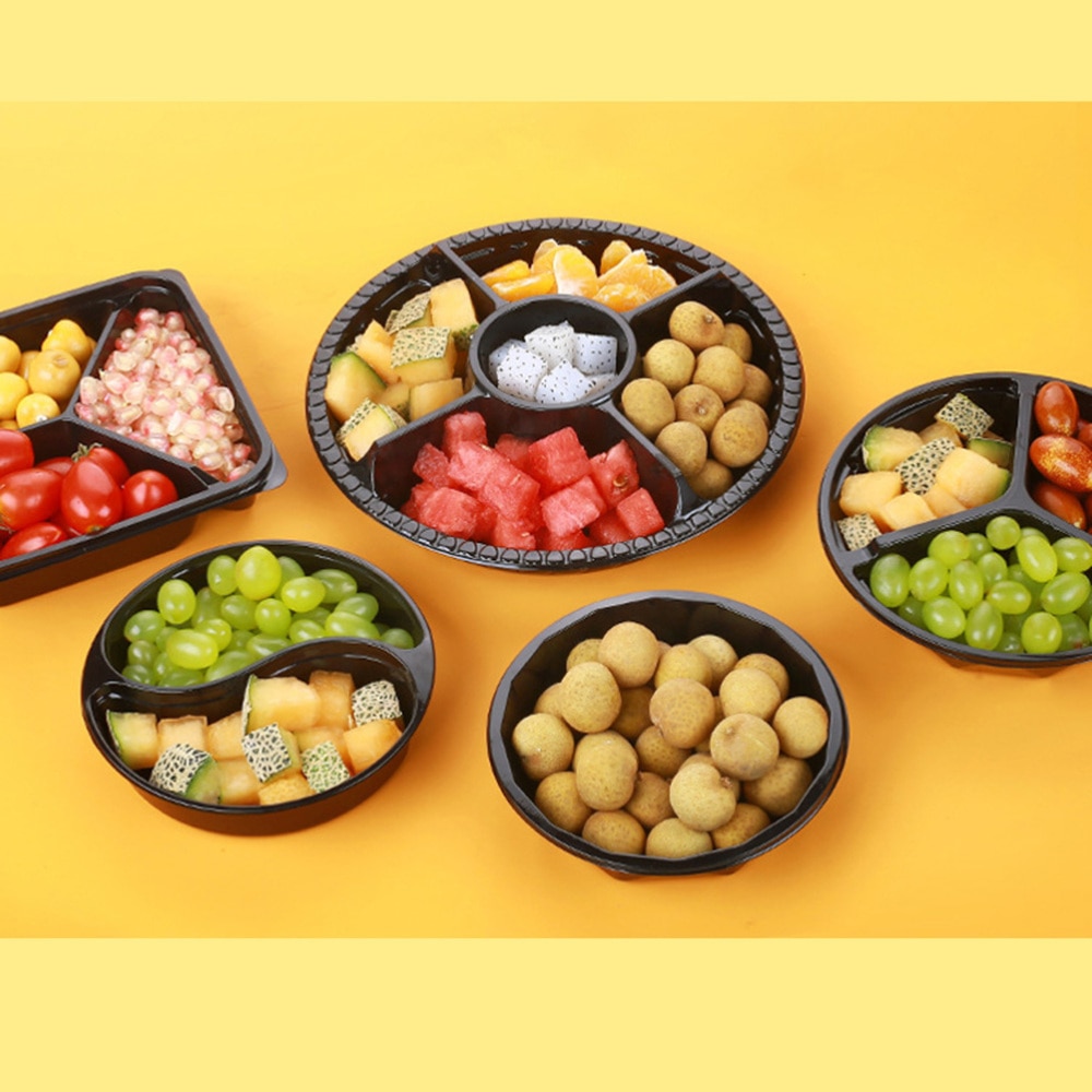 10PCS Disposable 5 Compartment Food Storage Containers Round Salad Fruits Box with Lids