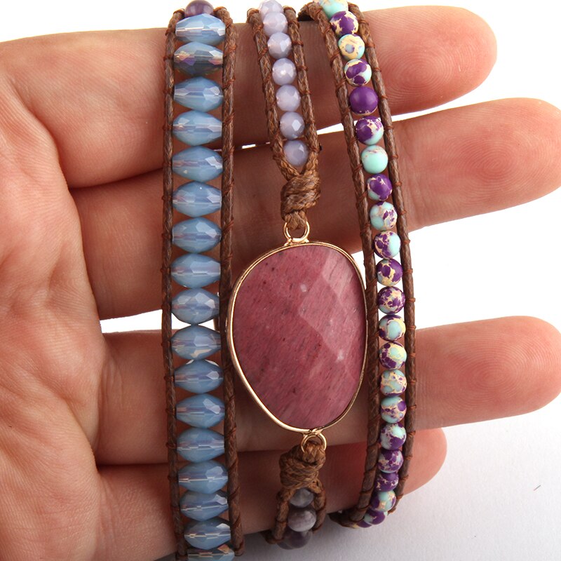 Rh Mode Kralen Armbander Groen/Paars Natuurlijke Stenen Charm 3 Strengen Lederen Wrap Armbanden