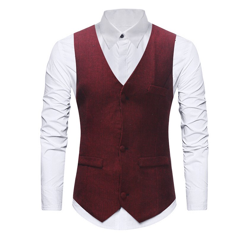 Lichtgrijs visgraat tweed vest heren merk slim fit v-hals vesten gilet heren formeel zakelijk bruiloft vest heren gilet: Zwart / M
