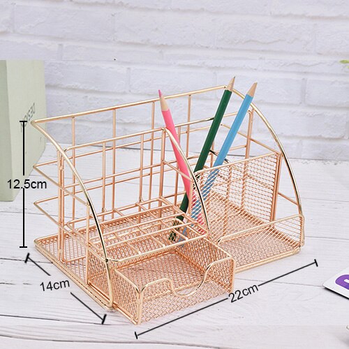 Rose Gold Desktop Storage Box Desk Magazine Rack with Pen Holder, Handmade Metal File Office Organizer Paper Tray Drawer Stor: B champaign gold