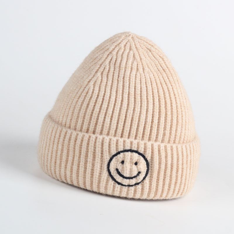 Embroidered Smile Hat Toddler Children Hats For Boys Girls Knitted Infant Baby Winter Thick Kids Cute Hat 0-6Y: beige