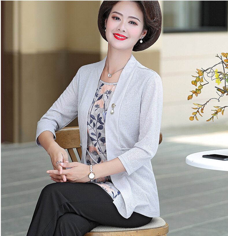 Autumn Plus Size Middle-Aged Women Two-Piece Set Coat Casual 40-50 Years Old Female Pullover Top F506