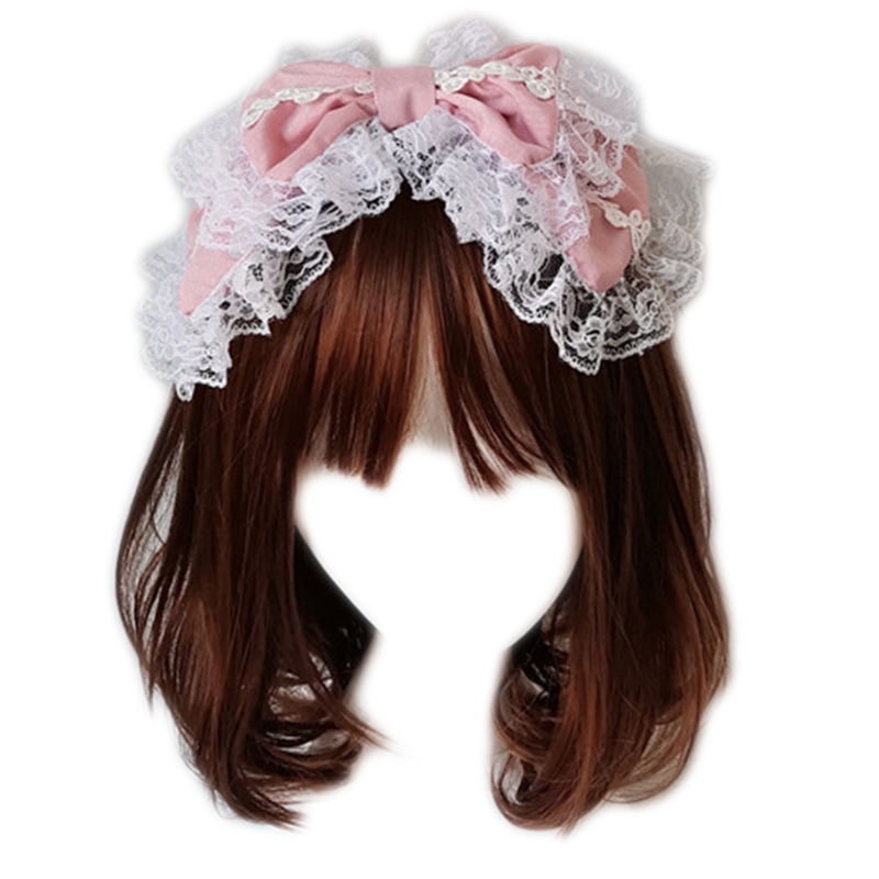 Lovely Sweet Hairband Maid Cosplay Headband Ruffled Lace Headwear Handmade Double Layer Bowknot Hair Accessory: Pink