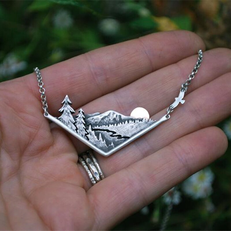 Errance rivière montagne vallée coucher de soleil Nature collier argent plaqué pendentif breloque chaîne colliers femmes femme bijoux