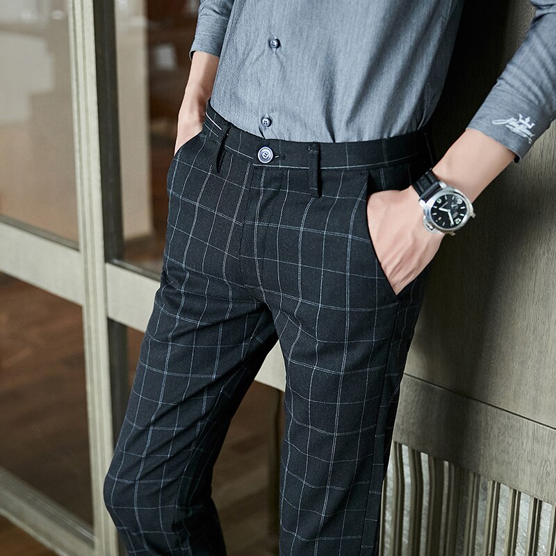 Otoño Invierno traje de negocios para hombres pantalón gris a cuadros Casual Slim Fit vestido pantalones Formal pantalones de boda Pantalon Homme: Gris oscuro / 30