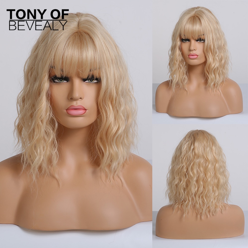 Short Wavy Bob Wigs With Bangs for Womens Cosplay Blonde Natural Hair Wigs Female Synthetic Heat Resistant Fiber