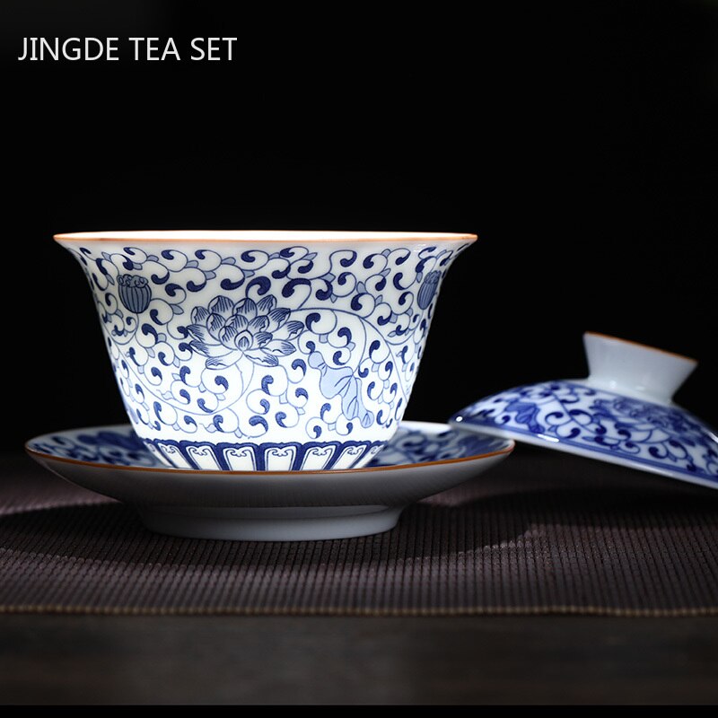 Taza de té de cerámica de Jingdezhen, tazón de té de porcelana azul y blanca hecho a mano, accesorios de té de porcelana china