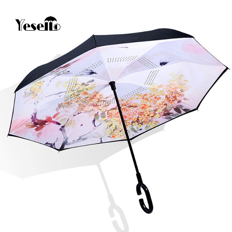 Yesello Bloemen Winddicht Reverse Paraplu Dubbele Laag Omgekeerde Paraplu Zelf Stand Paraplu Voor Vrouwen