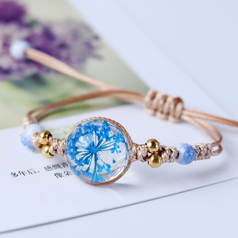 Flor seca romántica japonesa y coreana, cristal transparente, cerámica, cuerda de nailon anudada, pulsera de mujer, símbolo de la feliz