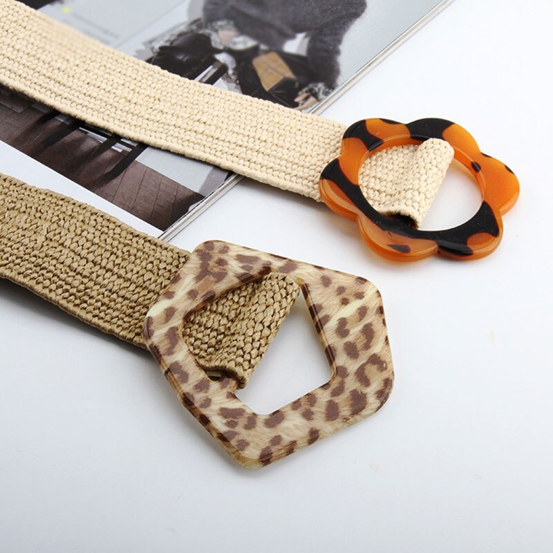 Vintage bohemio cinturón de cintura trenzada, cinturón femenino de verano, cinturones redondos de madera con hebilla, cinturón de corsé ancho de paja falsa, cinturón tejido para mujer